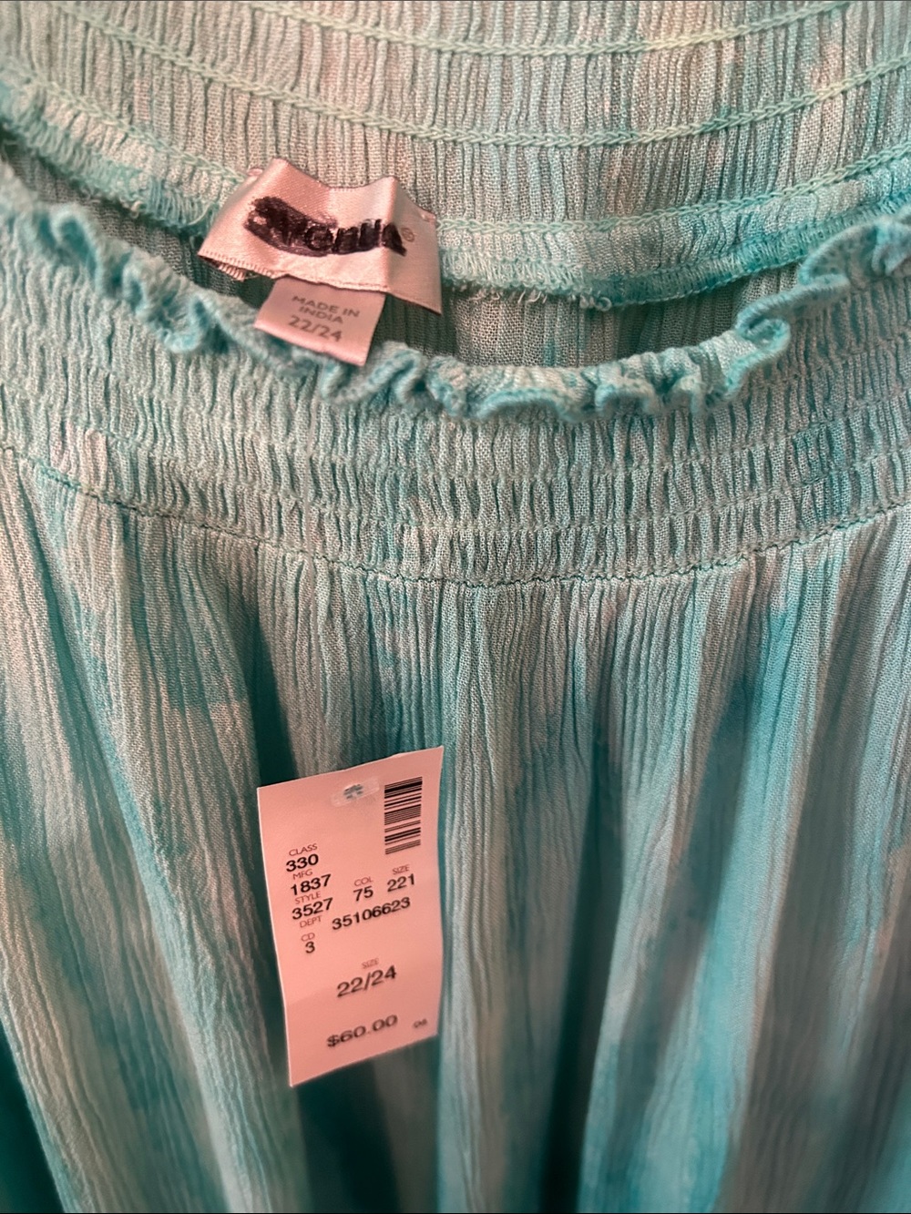 Avenue Teal Ombre Tie-Dye Peasant Tunic with Crochet Bell Sleeves - Picture 4 of 5